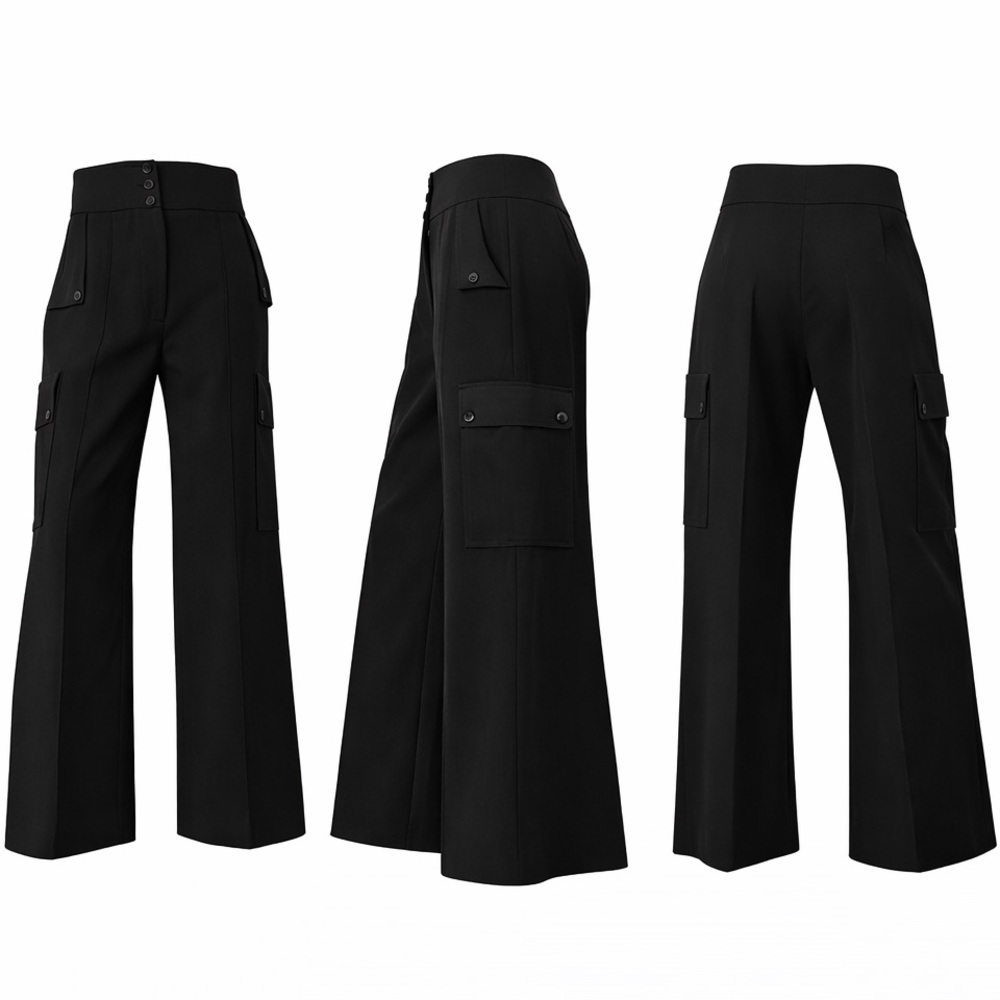 Stella McCartney Black Wool Wide Leg Cargo Utility Trousers High-Waisted SZ 42